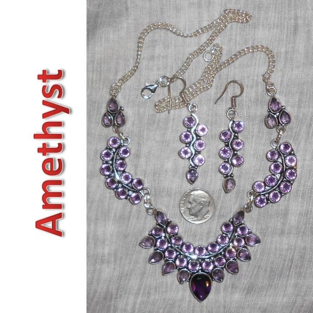 STUNNING! AMETHYST sterling silver 21" necklace and 2 1/4" earring SET